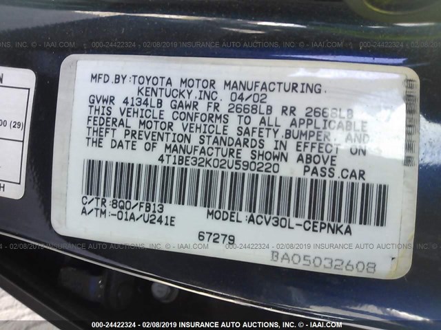 4T1BE32K02U590220 - 2002 TOYOTA CAMRY LE/XLE/SE BLUE photo 9