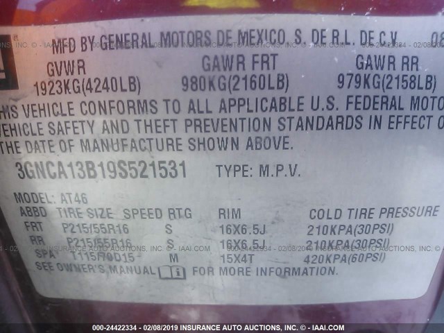 3GNCA13B19S521531 - 2009 CHEVROLET HHR LS Burdeos foto 9