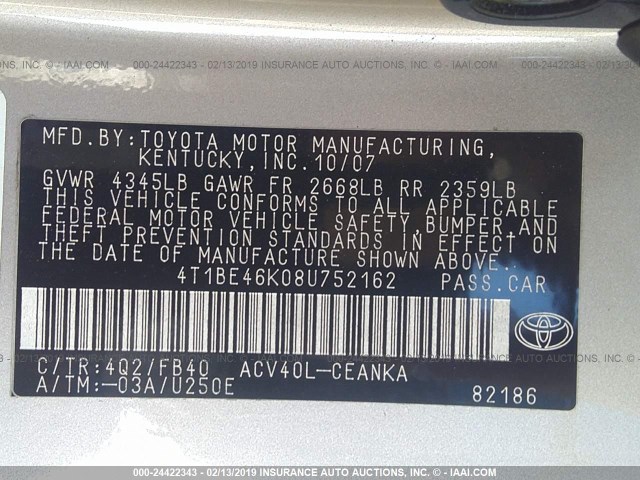 4T1BE46K08U752162 - 2008 TOYOTA CAMRY CE/LE/XLE/SE TAN photo 9