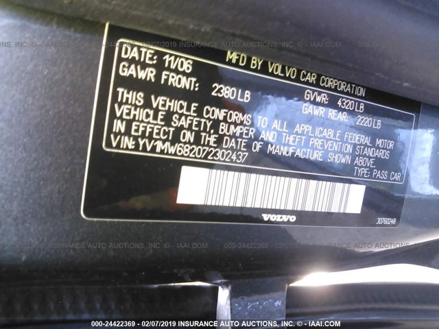 YV1MW682072302437 - 2007 VOLVO V50 T5 GRAY photo 9