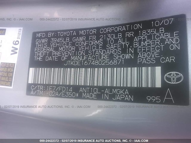 JTKDE167480256871 - 2008 TOYOTA SCION TC ვერცხლისფერი ფოტო 9