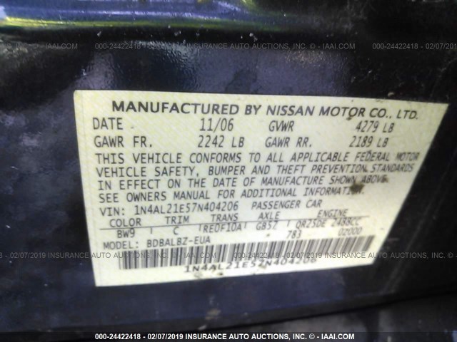 1N4AL21E57N404206 - 2007 NISSAN ALTIMA 2.5/2.5S Dark Blue photo 9