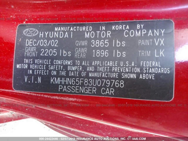 KMHHN65F83U079768 - 2003 HYUNDAI TIBURON GT RED photo 9