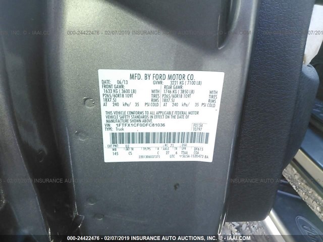 1FTFX1CF0DFC81036 - 2013 FORD F150 SUPER CAB GRAY photo 9