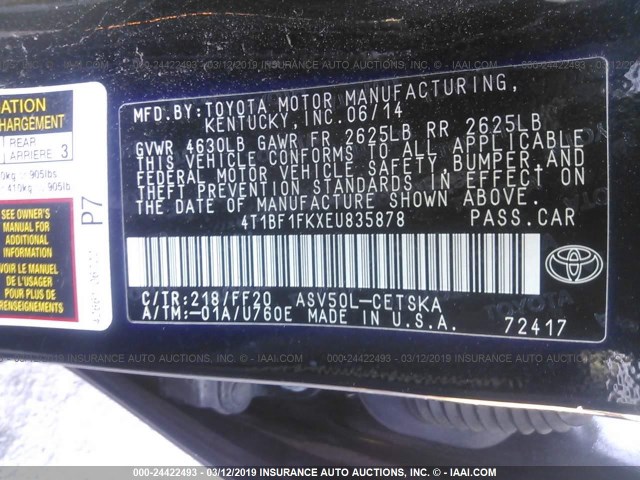 4T1BF1FKXEU835878 - 2014 TOYOTA CAMRY L/SE/LE/XLE BLACK photo 9