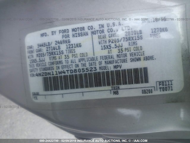 4N2DN11W4TD805523 - 1996 NISSAN QUEST XE/GXE SILVER photo 9