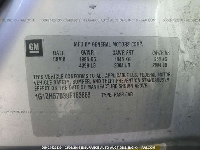 1G1ZH57B39F163863 - 2009 CHEVROLET MALIBU 1LT SILVER photo 9