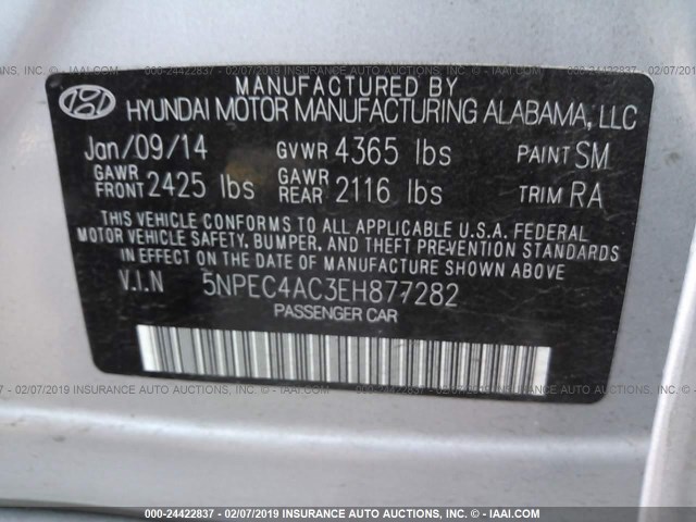 5NPEC4AC3EH877282 - 2014 HYUNDAI SONATA SE/LIMITED SILVER photo 9