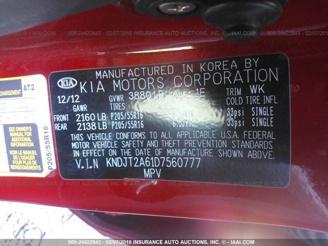 KNDJT2A61D7560777 - 2013 KIA SOUL +/!/SPORT RED photo 9