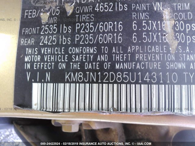 KM8JN12D85U143110 - 2005 HYUNDAI TUCSON GLS/LX GOLD photo 9