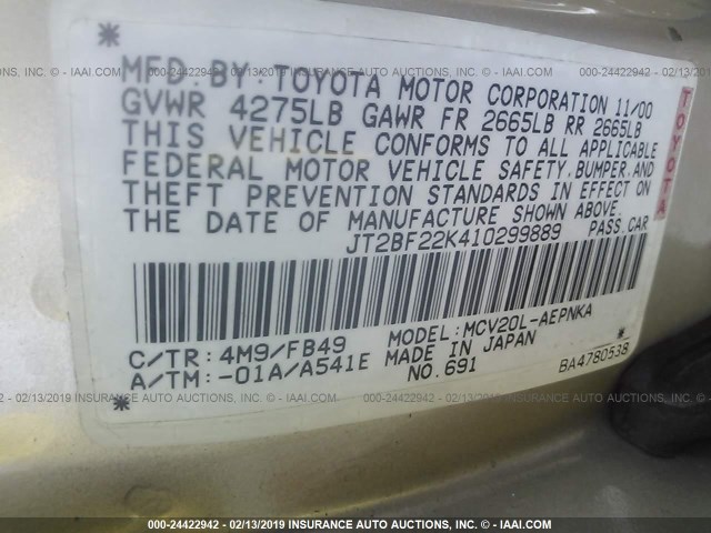 JT2BF22K410299889 - 2001 TOYOTA CAMRY CE/LE/XLE GOLD photo 9