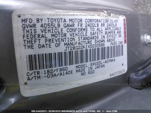 JT2BG22K1V0033586 - 1997 TOYOTA CAMRY LE/XLE GRAY photo 9