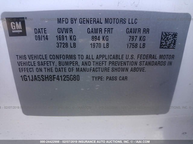 1G1JA5SH8F4125680 - 2015 CHEVROLET SONIC LS 白色 照片 9
