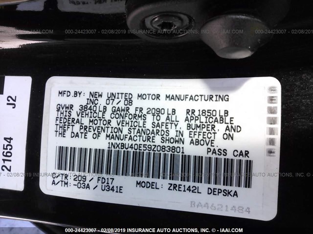 1NXBU40E59Z083801 - 2009 TOYOTA COROLLA S/LE/XLE GRAY photo 9