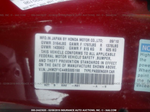 JHMZF1C44BS005198 - 2011 HONDA CR-Z RED photo 9