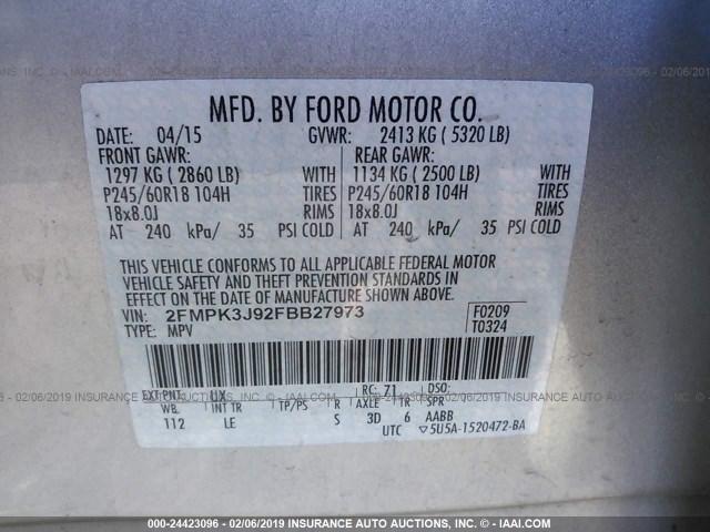 2FMPK3J92FBB27973 - 2015 FORD EDGE SEL SILVER photo 9