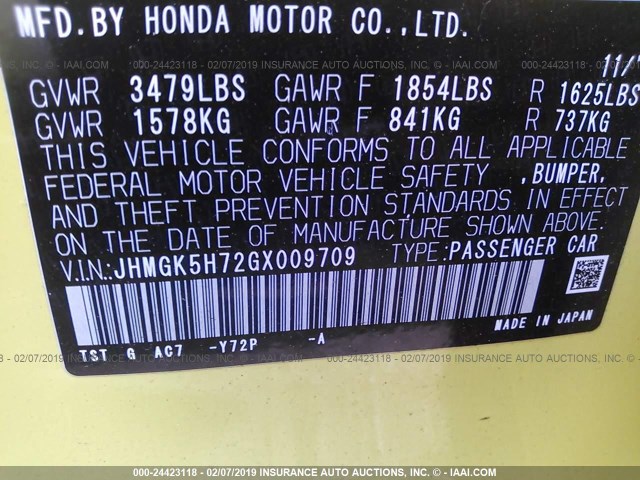 JHMGK5H72GX009709 - 2016 HONDA FIT EX/EXL YELLOW photo 9