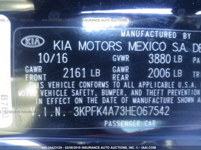 3KPFK4A73HE067542 - 2017 KIA FORTE LX BLACK photo 9