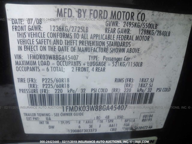 1FMDK03W88GA45407 - 2008 FORD TAURUS X LIMITED BLACK photo 9