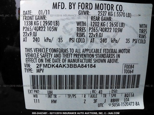 2FMDK4AK3BBA84184 - 2011 FORD EDGE SPORT BLACK photo 9