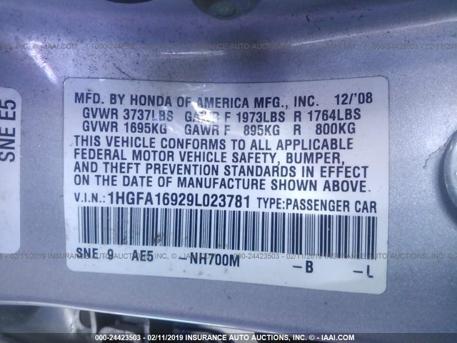 1HGFA16929L023781 - 2009 HONDA CIVIC EXL SILVER photo 9