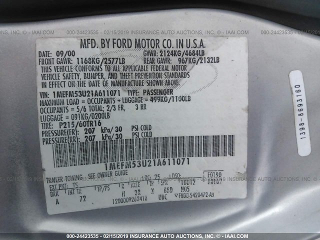 1MEFM53U21A611071 - 2001 MERCURY SABLE LS SILVER photo 9