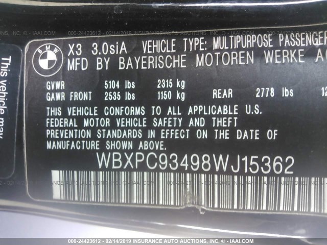 WBXPC93498WJ15362 - 2008 BMW X3 3.0SI BLACK photo 9