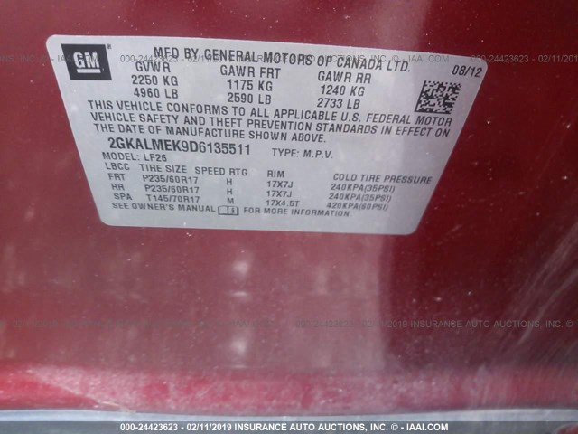 2GKALMEK9D6135511 - 2013 GMC TERRAIN SLE RED photo 9