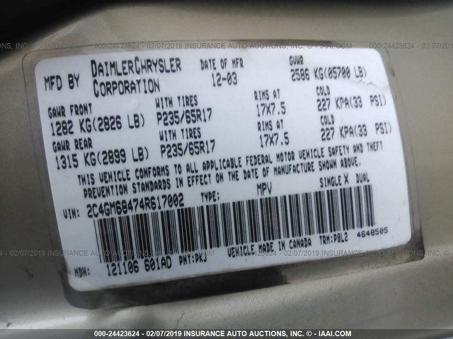 2C4GM68474R617002 - 2004 CHRYSLER PACIFICA TAN photo 9