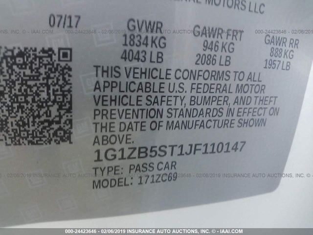 1G1ZB5ST1JF110147 - 2018 CHEVROLET MALIBU LS 白色 照片 9