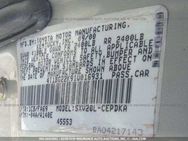 4T1BG22K91U016931 - 2001 TOYOTA CAMRY CE/LE/XLE TAN photo 9