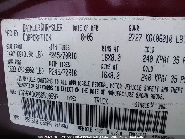 1D7HE48K06S510997 - 2006 DODGE DAKOTA QUAD SLT MAROON photo 9