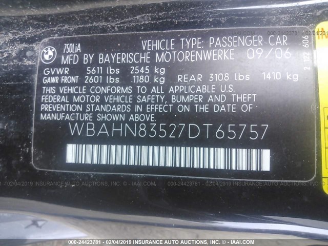 WBAHN83527DT65757 - 2007 BMW 750 BLACK photo 9