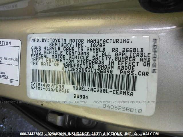 4T1BE32K93U136890 - 2003 TOYOTA CAMRY LE/XLE/SE GOLD photo 9