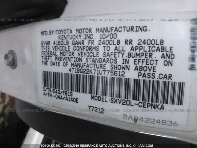 4T1BG22K71U775612 - 2001 TOYOTA CAMRY CE/LE/XLE WHITE photo 9