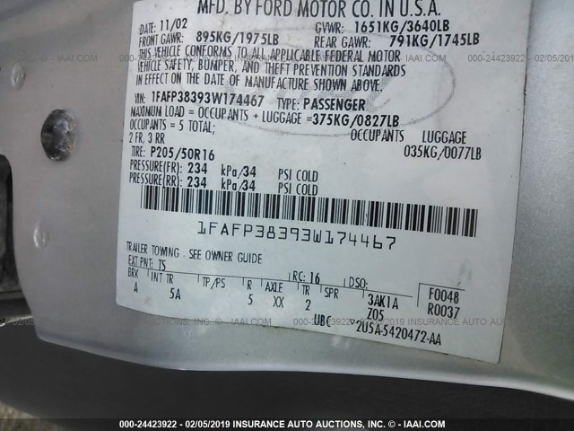1FAFP38393W174467 - 2003 FORD FOCUS ZTS SILVER photo 9