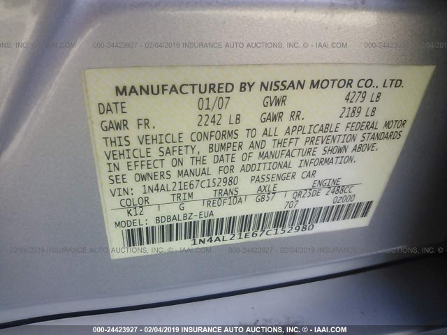 1N4AL21E67C152980 - 2007 NISSAN ALTIMA 2.5/2.5S SILVER photo 9