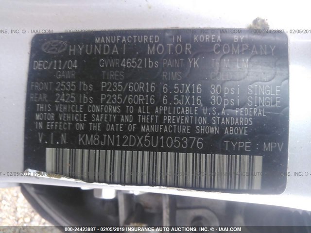 KM8JN12DX5U105376 - 2005 HYUNDAI TUCSON GLS/LX SILVER photo 9