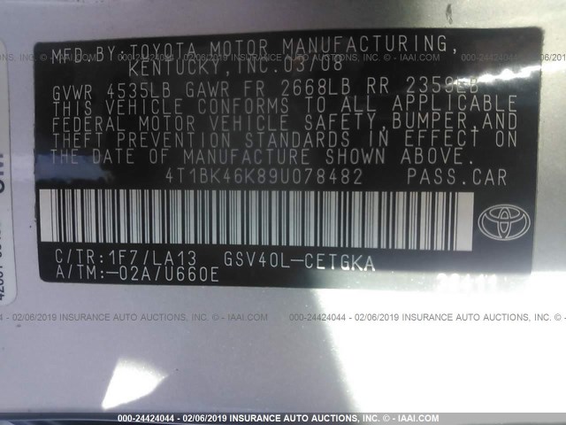 4T1BK46K89U078482 - 2009 TOYOTA CAMRY SE/LE/XLE 银色 照片 9