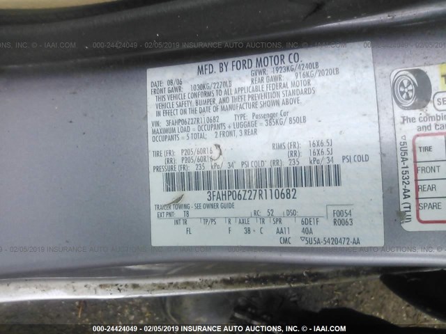 3FAHP06Z27R110682 - 2007 FORD FUSION S GRAY photo 9