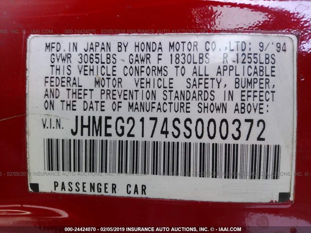 JHMEG2174SS000372 - 1995 HONDA CIVIC DEL SOL RED photo 9