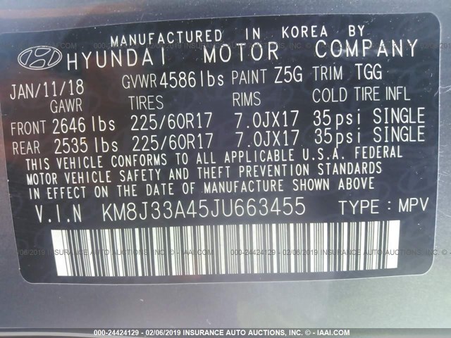 KM8J33A45JU663455 - 2018 HYUNDAI TUCSON LIMITED/SPORT AND ECO/SE GRAY photo 9