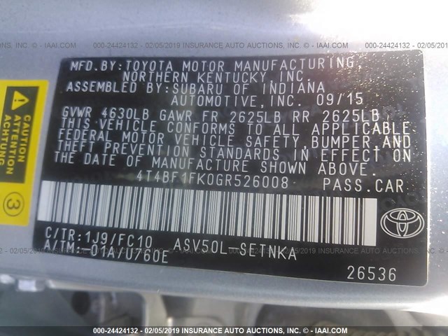 4T4BF1FK0GR526008 - 2016 TOYOTA CAMRY LE/XLE/SE/XSE 银色 照片 9