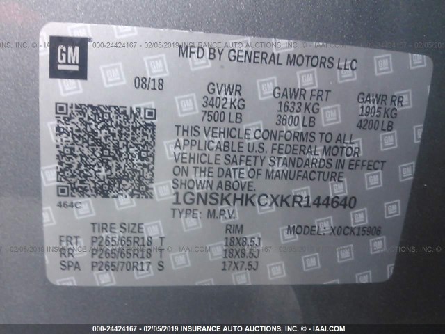 1GNSKHKCXKR144640 - 2019 CHEVROLET SUBURBAN K1500 LT GRAY photo 9