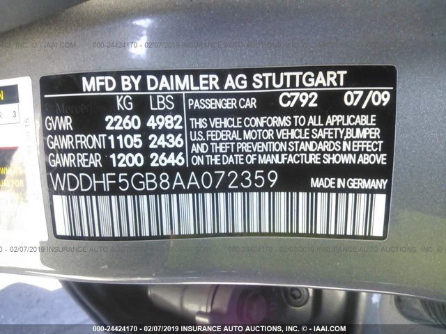 WDDHF5GB8AA072359 - 2010 MERCEDES-BENZ E 350 GRAY photo 9