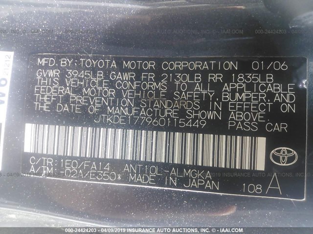 JTKDE177960115449 - 2006 TOYOTA SCION TC ნაცრისფერი ფოტო 9