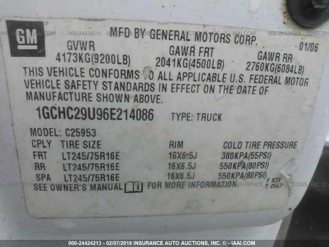 1GCHC29U96E214086 - 2006 CHEVROLET SILVERADO C2500 HEAVY DUTY WHITE photo 9