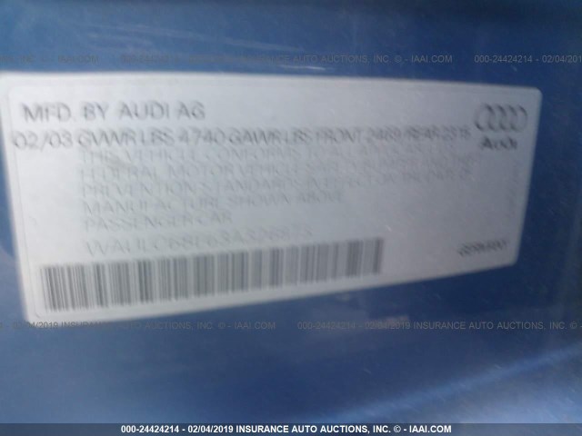 WAULC68E63A326873 - 2003 AUDI A4 1.8T QUATTRO BLUE photo 9