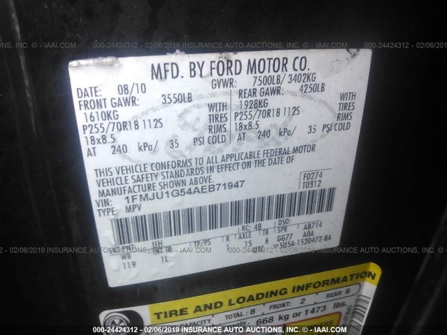 1FMJU1G54AEB71947 - 2010 FORD EXPEDITION XLT BLACK photo 9