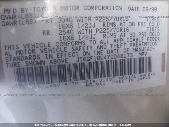 JT6GF10U4Y0048173 - 2000 LEXUS RX 300 CREAM photo 9